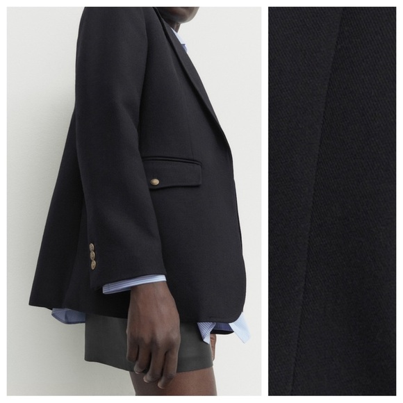 NWT. Massimo Dutti Navy Blue Micro Twill Fabric Blazer with Buttons. Size 2. - Picture 4 of 12